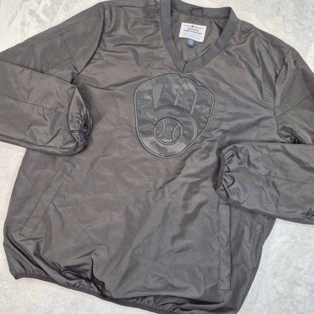 G-III Milwaukee Brewers MLB Windbreaker Pullover Black Large Side Zip Wind Shirt